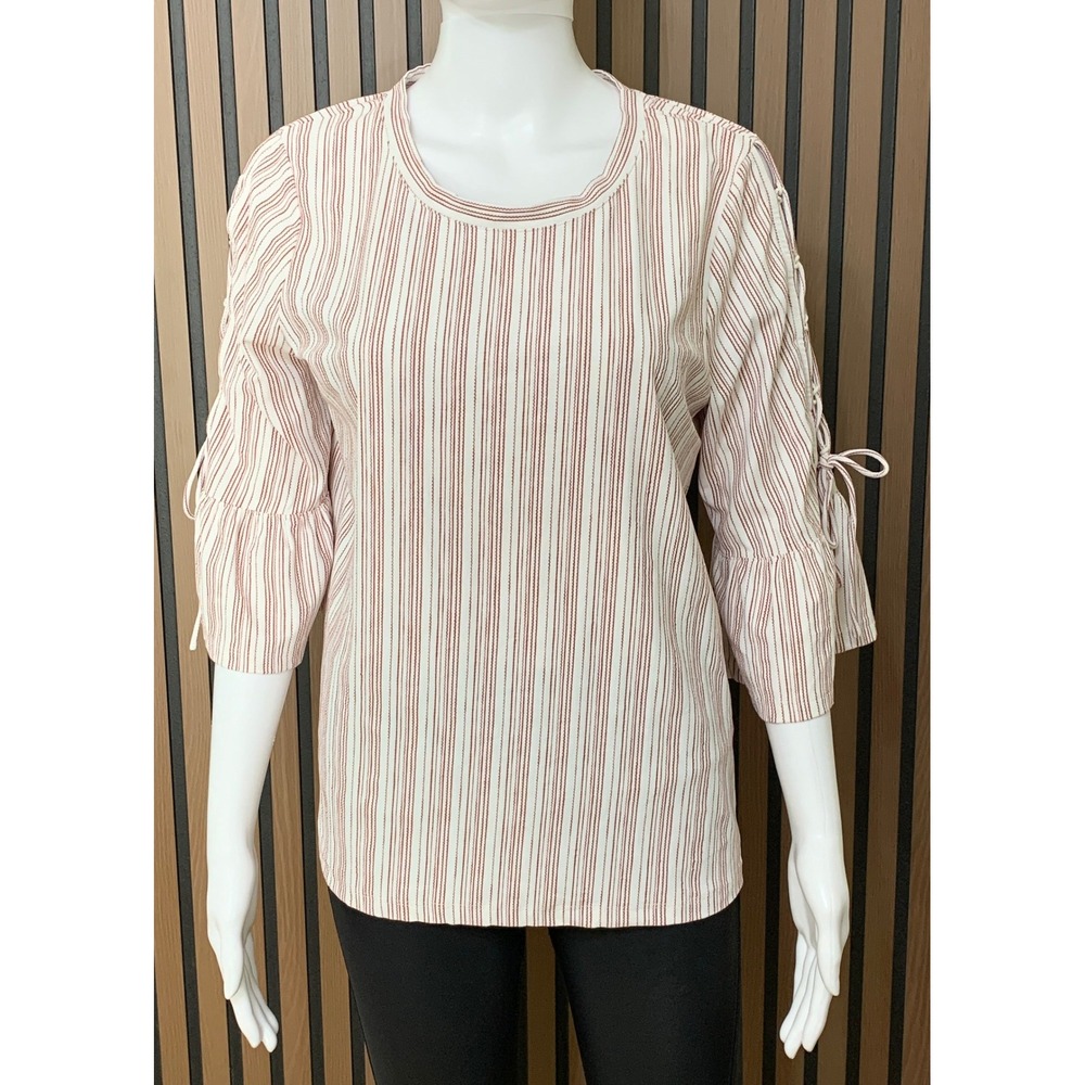 Lucky Brand Women's Striped Lace Up Bell Sleeve Top Rust Cream M Boho